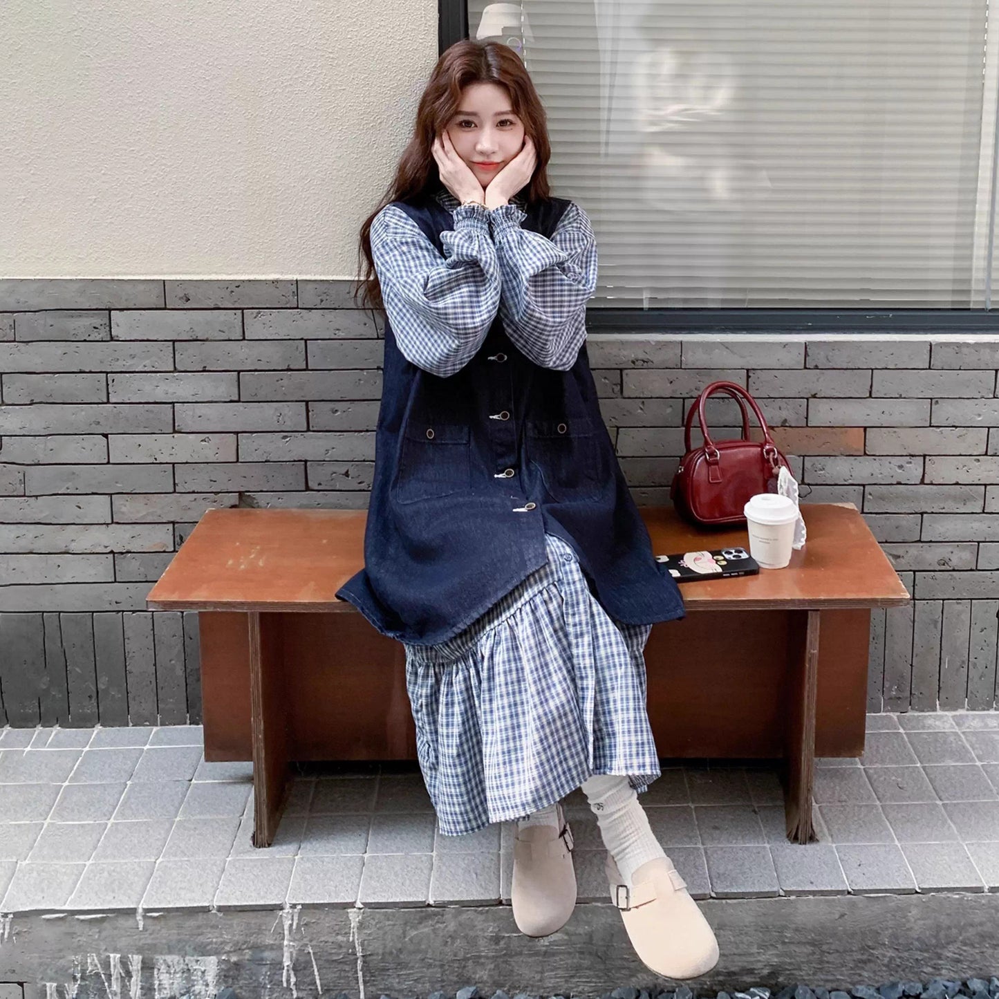 2点セット【セットアップ】韓国風 レトロ 学院スタイル デニム ジレワンピースセット レディース 2025年秋新作 チェック柄【SHシリーズ】
