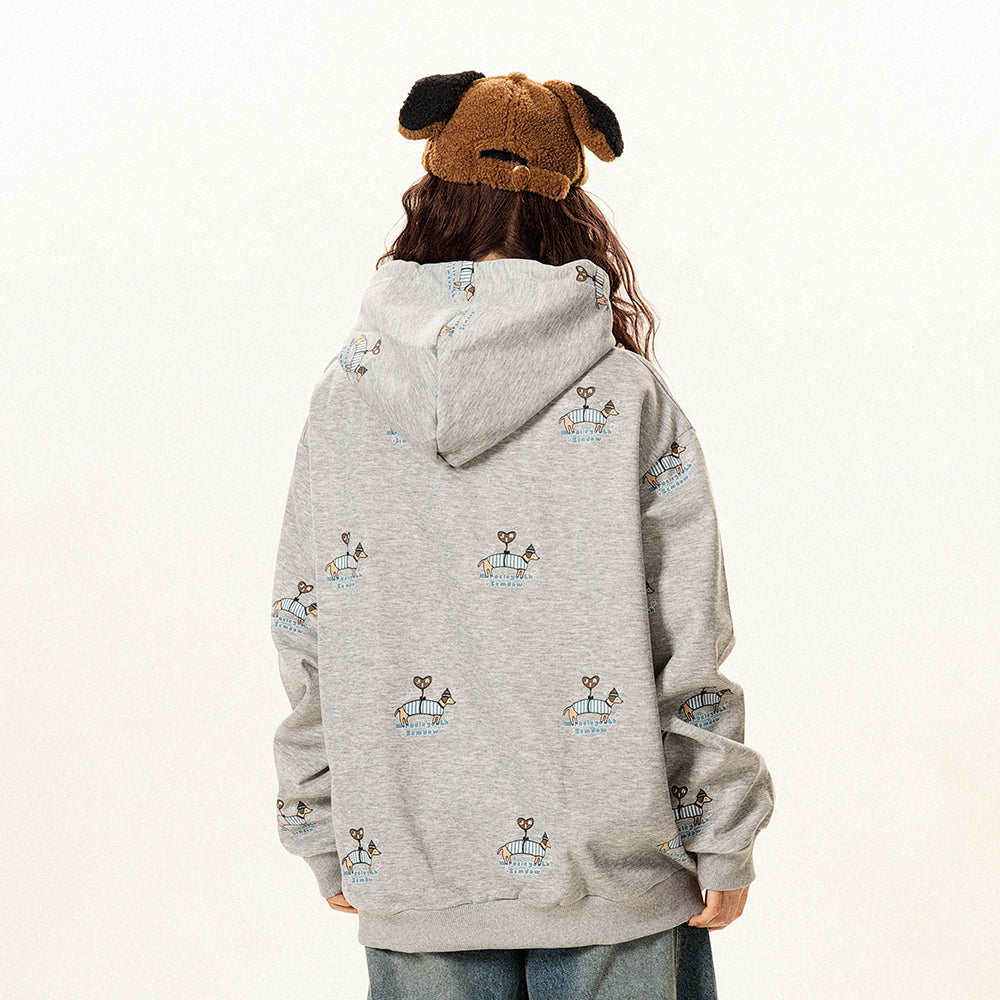 【トップス】ヴィンテージ調 小犬モチーフ フードパーカー 春秋 男女兼用 ゆったり カジュアル【FCシリーズ】