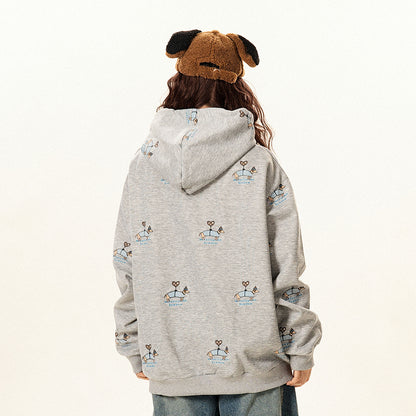 【トップス】ヴィンテージ調 小犬モチーフ フードパーカー 春秋 男女兼用 ゆったり カジュアル【FCシリーズ】