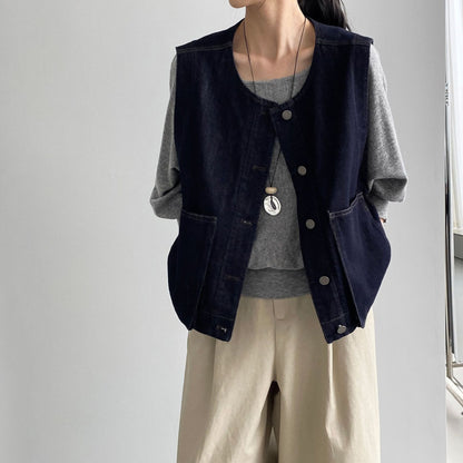 【トップス】レイヤードコーデ 秋 ヴィンテージデニムベスト レディース ポケット付き ゆったり カジュアル着回し ベストジャケット【JZシリーズ】