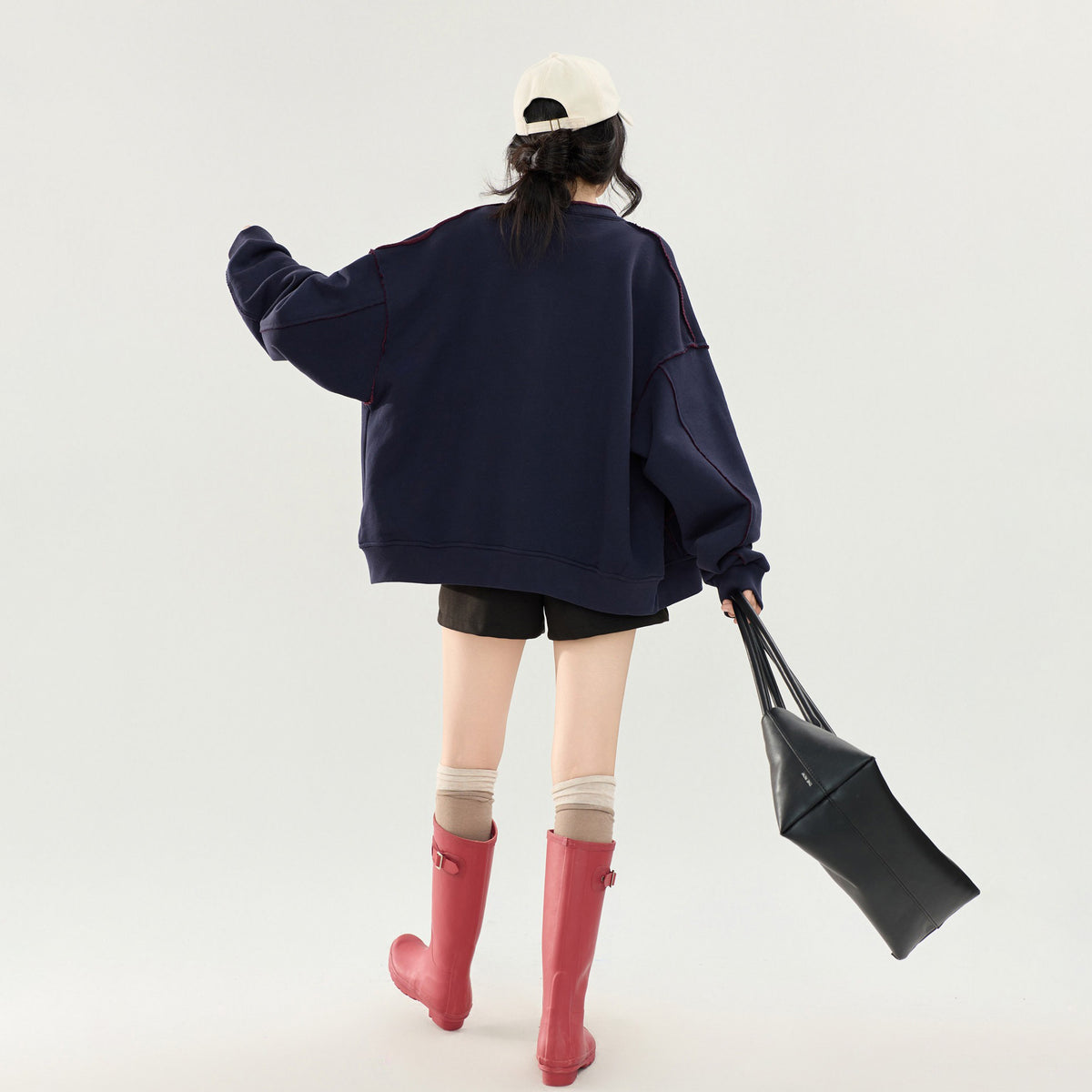 【アウター】ネイビー切りっぱなしスウェットジャケット レディース 秋新作 韓国風 ジップアップ ゆったり レトロ【FCシリーズ】