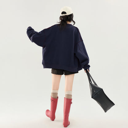【アウター】ネイビー切りっぱなしスウェットジャケット レディース 秋新作 韓国風 ジップアップ ゆったり レトロ【FCシリーズ】