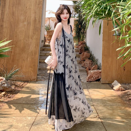 【ワンピース】バタフライプリント 夏新作 韓国風 リゾートムード ノースリーブキャミワンピース【SHシリーズ】