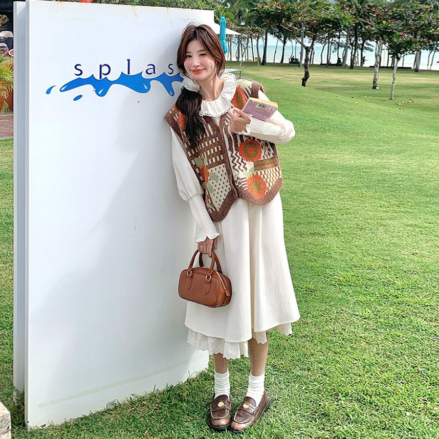 【ワンピース】ベージュ フラワーレース刺繍襟 ワンピース レディース 新作 長袖 フェミニン フレンチ風ロングドレス【JZシリーズ】