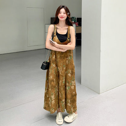 【ボトムス】エスニック調フラワープリント 夏新作 高級感 高見え ハイウエスト落ち感 オールインワン【SHシリーズ】