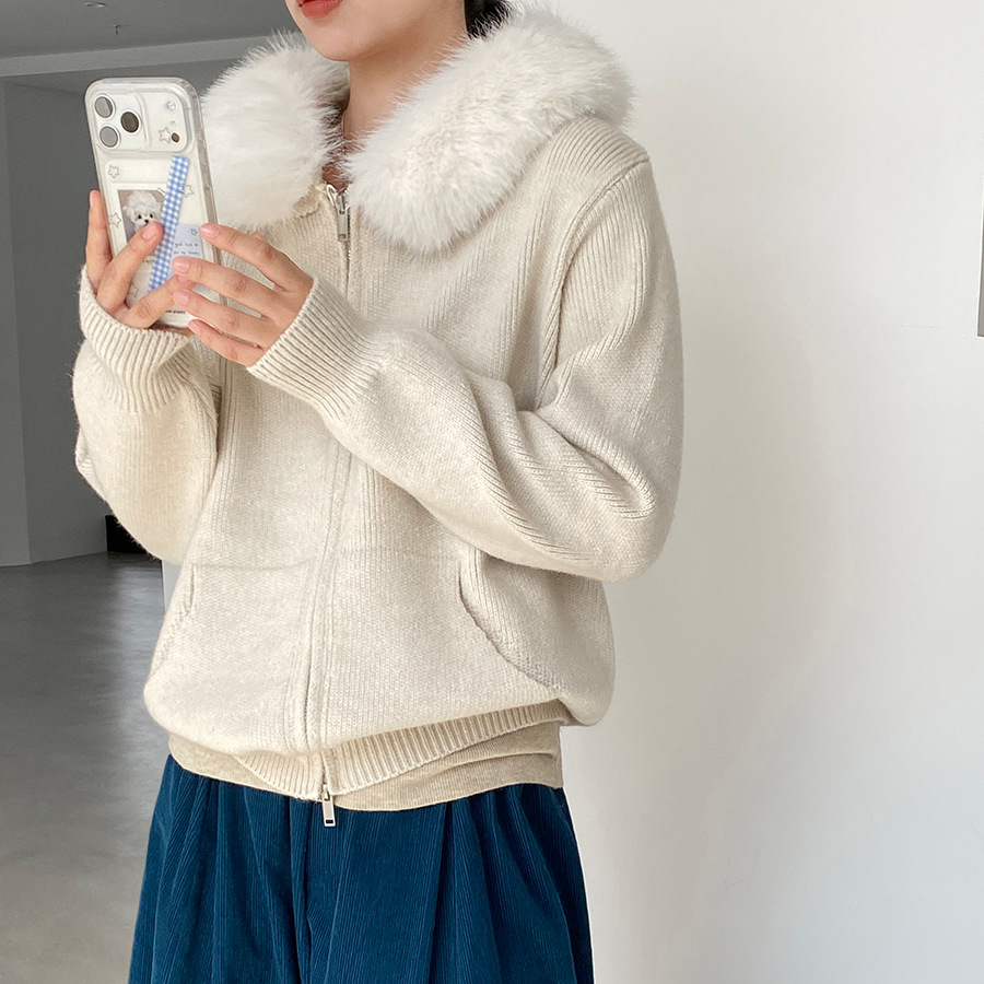 【アウター】取り外し可能ファー付き フードジップニットアウター 冬 韓国風 カジュアル ゆったりカーディガン【JZシリーズ】