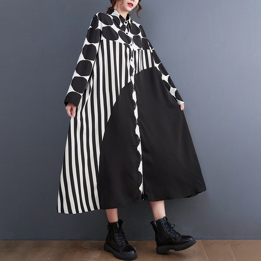 【ワンピース】配色ドット柄シャツワンピース レディース 春新作 大きいサイズ ゆったり ロング丈 カジュアル【JZシリーズ】