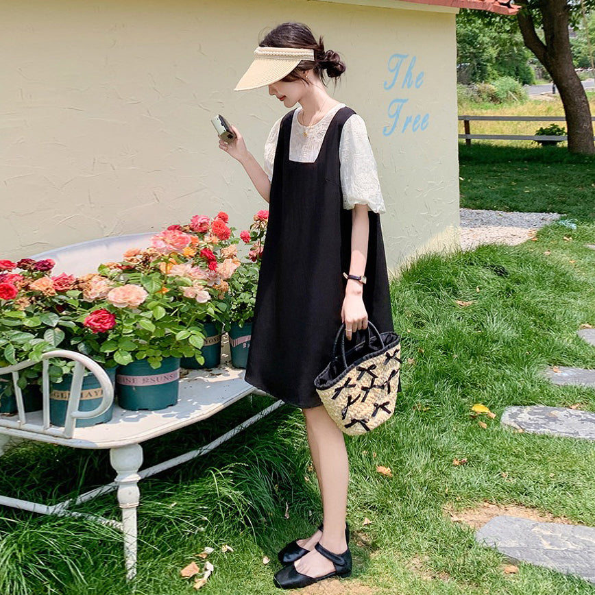【ワンピース】配色 ワンピース レディース 夏 レイヤード風 半袖 ロングワンピース 細見え リボンデザイン 人気 フレンチ風【JZシリーズ】