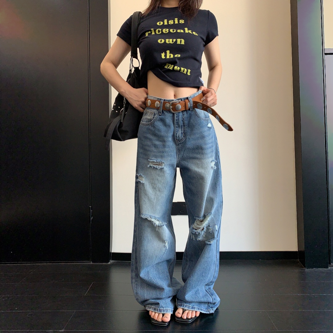 【ボトムス】ユーズド加工 ダメージ加工 ロング丈 ワイドデニムパンツ 【FCシリーズ】