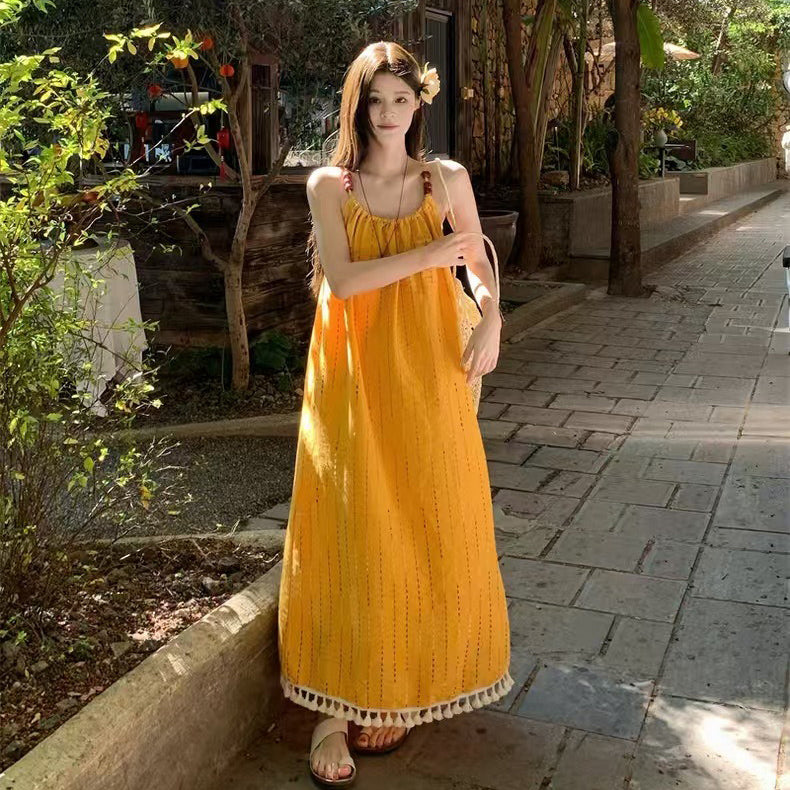 【ワンピース】ビーチリゾート風 エレガントなリラックス感 フリンジ付き ノースリーブワンピース