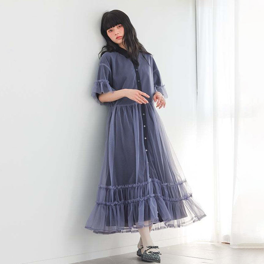 【ワンピース】デザイン感 フェイクレイヤード 切り替え Aライン 半袖ワンピース レディース 夏 無地 フレアスリーブ ロングワンピース【JZシリーズ】