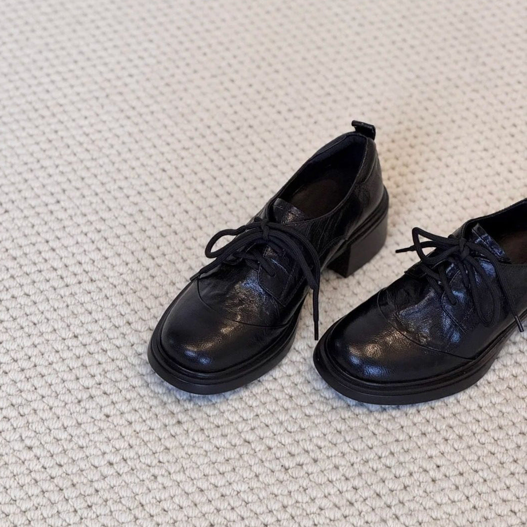 【シューズ】太ヒール 厚底 ヴィンテージ ローファー シューズ  春新作 ファッション ラウンドトゥ レースアップ イギリス風 パンプス