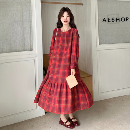 【ワンピース】レトロチェック ウエストマーク 長袖ワンピース レディース 春秋 上品フレンチ風 エレガント 【SHシリーズ】