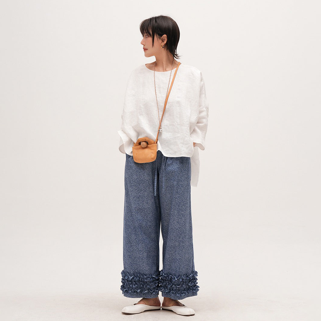 【トップス】天然高密度リネン ゆったりシルエット プルオーバーシャツ 夏用 薄手 大きいサイズ 長袖ブラウス【JZシリーズ】