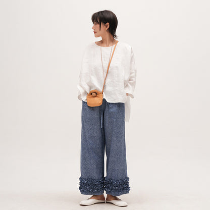 【トップス】天然高密度リネン ゆったりシルエット プルオーバーシャツ 夏用 薄手 大きいサイズ 長袖ブラウス【JZシリーズ】