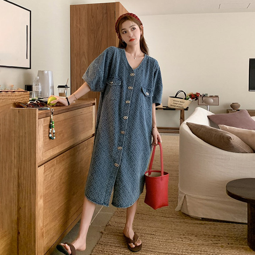 【ワンピース】夏 リラックス感 Vネック デニム半袖ワンピース 薄手 レディース ゆったりカジュアルロング丈【JZシリーズ】