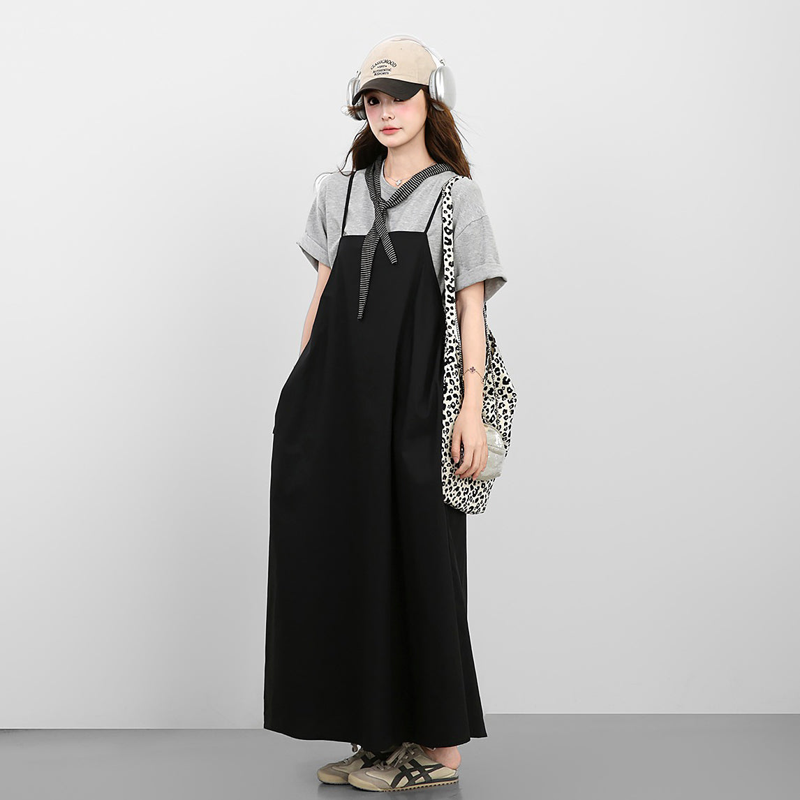 2点セット！【セットアップ】韓国風シンプル Tシャツ+ノースリーブワンピースセット 体型カバーも叶うゆったり大人コーデ【JZシリーズ】