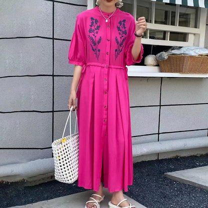 [洋裝] 春秋夏季大尺碼寬鬆民族風度假風刺繡短袖洋裝