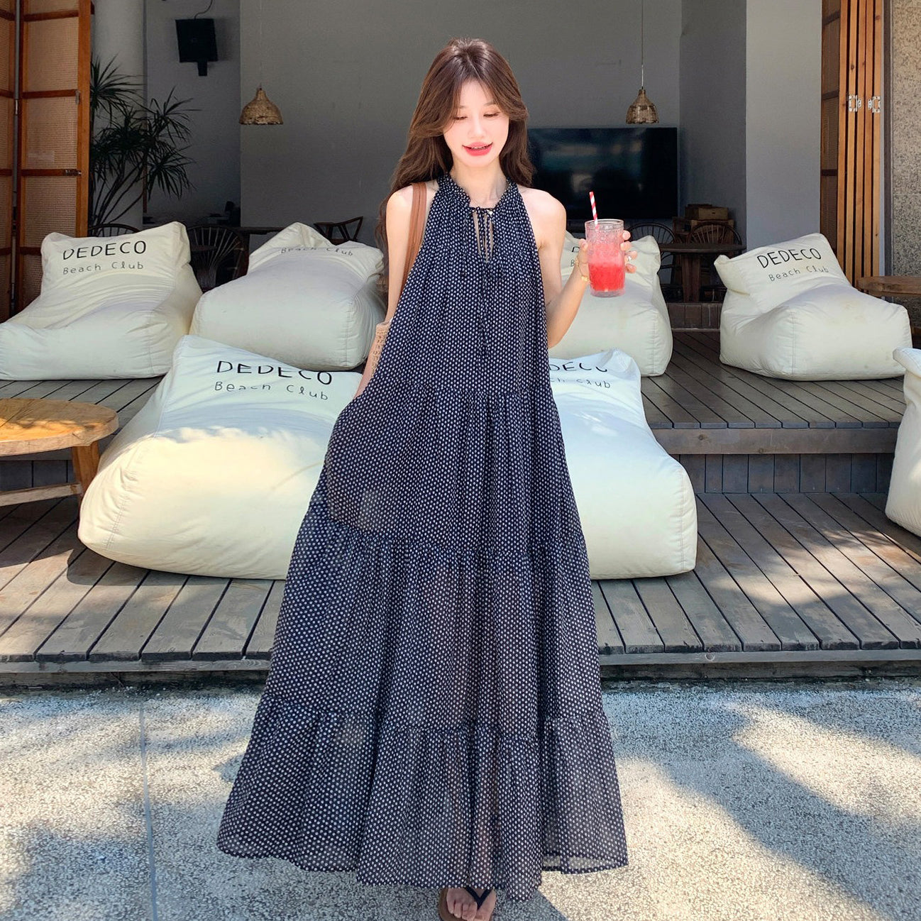 【ワンピース】ドット柄 水玉 ノースリーブワンピース フレンチレトロ ミモレ丈 大きいサイズ 体型カバー 着痩せ きれいめ 上品【SHシリーズ】