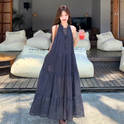 【ワンピース】ドット柄 水玉 ノースリーブワンピース フレンチレトロ ミモレ丈 大きいサイズ 体型カバー 着痩せ きれいめ 上品【SHシリーズ】