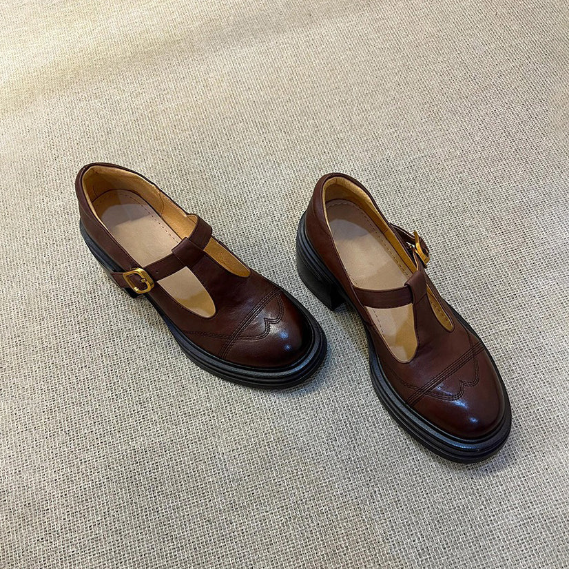 【シューズ】厚底チャンキーヒール  ヴィンテージ レディース シューズ ローファー 丸トゥパンプス メリージェーンシューズ