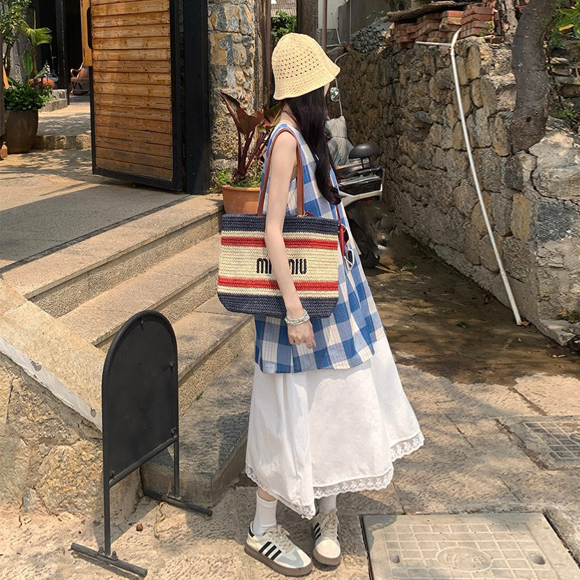 【ワンピース】夏の元気ガール 韓国風シック シンプルなフェイクレイヤード チェック柄ノースリーブワンピース【SHシリーズ】