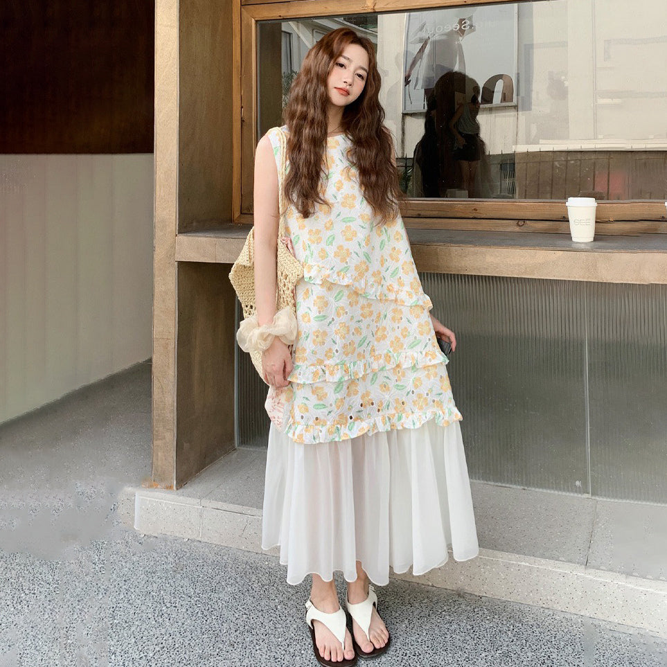 【ワンピース】夏 かわいい メッシュ切替 ゆったり ノースリーブ フラワーワンピース【SHシリーズ】