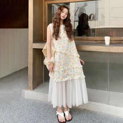 【ワンピース】夏 かわいい メッシュ切替 ゆったり ノースリーブ フラワーワンピース【SHシリーズ】