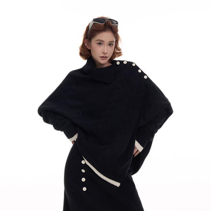 【単品注文】【セットアップ】不規則 配色切替 長袖ニット＋スカート 上下セット レディース 秋冬 韓国風 ゆったり ルーズ カジュアル【JZシリーズ】