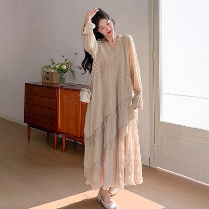 【ワンピース】レンチ風 長袖ワンピース レディース 秋新作 韓国風 優しい雰囲気 人気 気質レース ロング丈 初恋ワンピ【JZシリーズ】