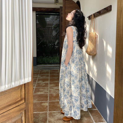 【ワンピース】フレンチシンプル ブルーフラワー プリント 大きな裾広がり Aライン ノースリーブワンピース【SHシリーズ】