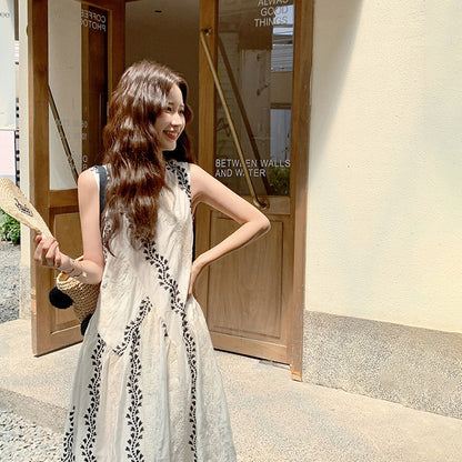 【ワンピース】気質 ノースリーブプリントワンピース 夏 韓国風 Vネック キャミロングドレス【SHシリーズ】