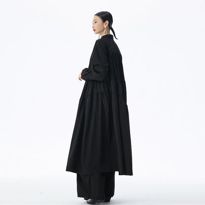 【ワンピース】フレンチ風 切替プリーツ  POLO襟 長袖ワンピース ゆるシルエット ロング【JZシリーズ】