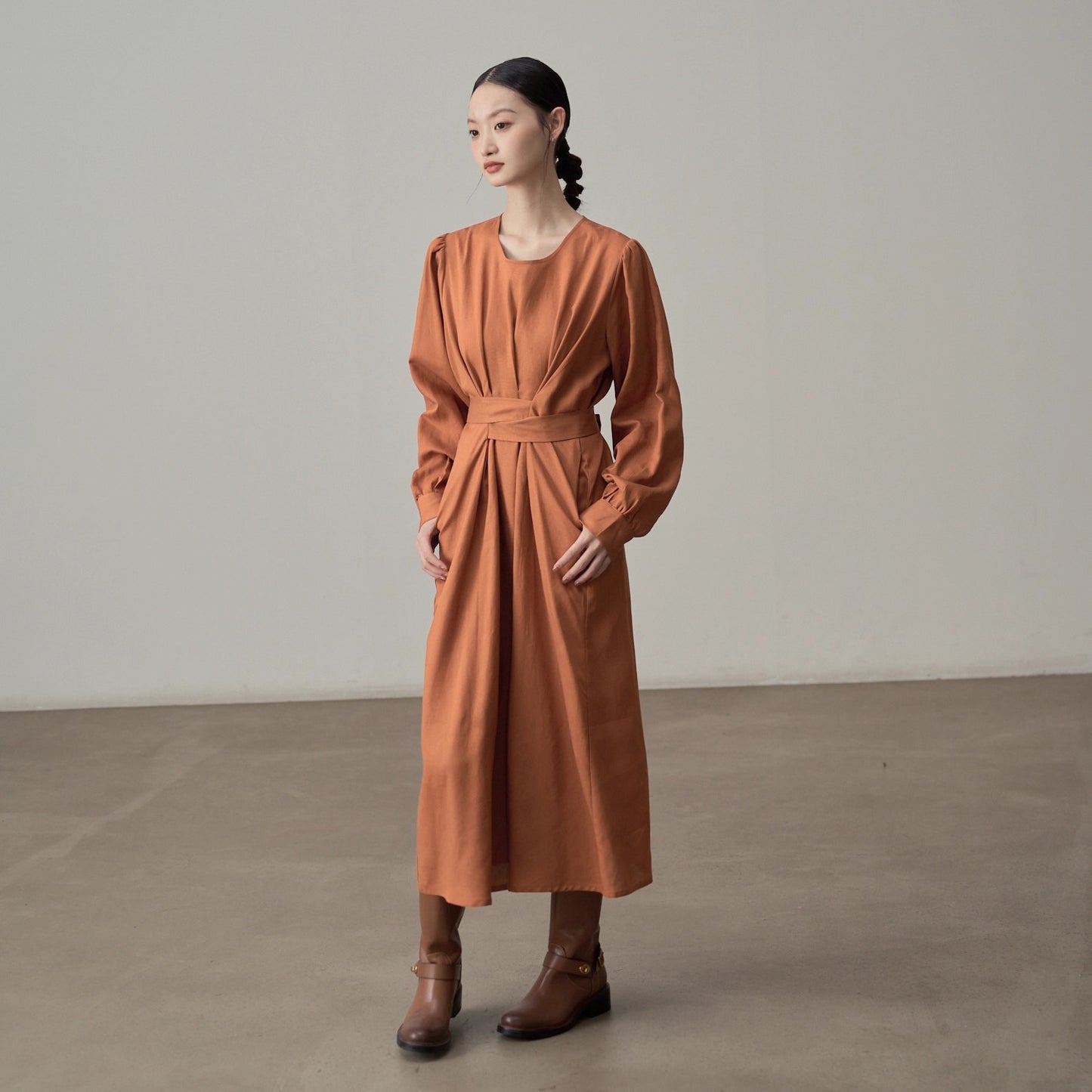 【ワンピース】フレンチレトロ風 オレンジリボン長袖ワンピース レディース ウエストシェイプ ロング丈【JZシリーズ】