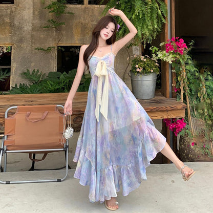 M~3XL【ワンピース】紫花柄キャミワンピース レディース 夏 アシンメトリー ノースリーブ ロング丈 リゾート【SHシリーズ】