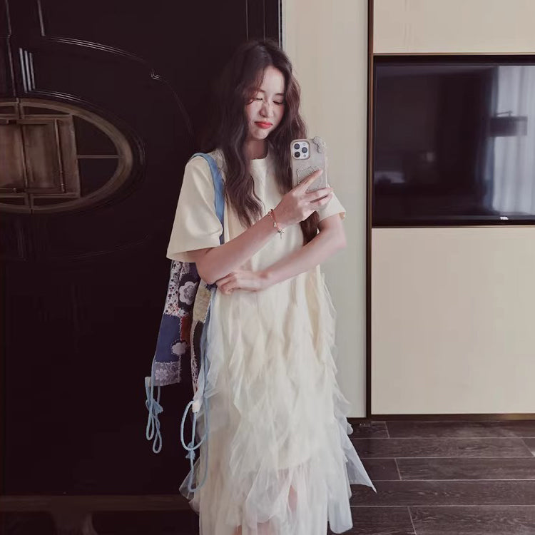 【ワンピース】韓国風 Tシャツワンピース レディース 夏 ゆったり 体型カバー 細見え 切替チュール 半袖 ロングワンピース カジュアル リラックス感【JZシリーズ】
