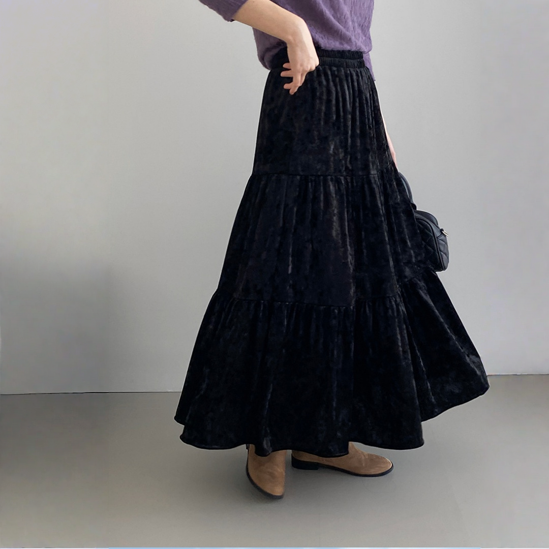 【ボトムス】春 秋 冬 ウエストゴム入り ベルベット素材 フレア スカート  【JZシリーズ】