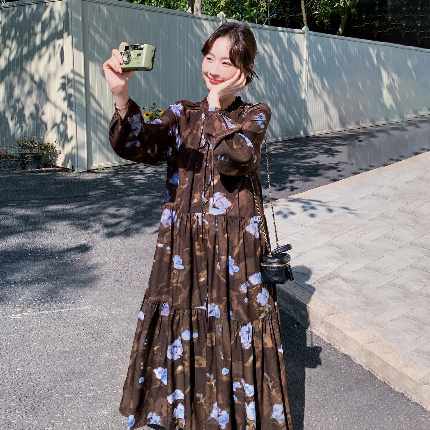 【ワンピース】ヴィンテージ風 フリルカラー 花柄 長袖ワンピース 2026春新作 小柄向け ロング丈【SHシリーズ】