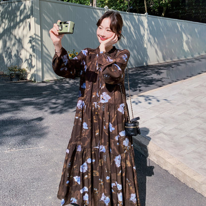 【ワンピース】ヴィンテージ風 フリルカラー 花柄 長袖ワンピース 2026春新作 小柄向け ロング丈【SHシリーズ】