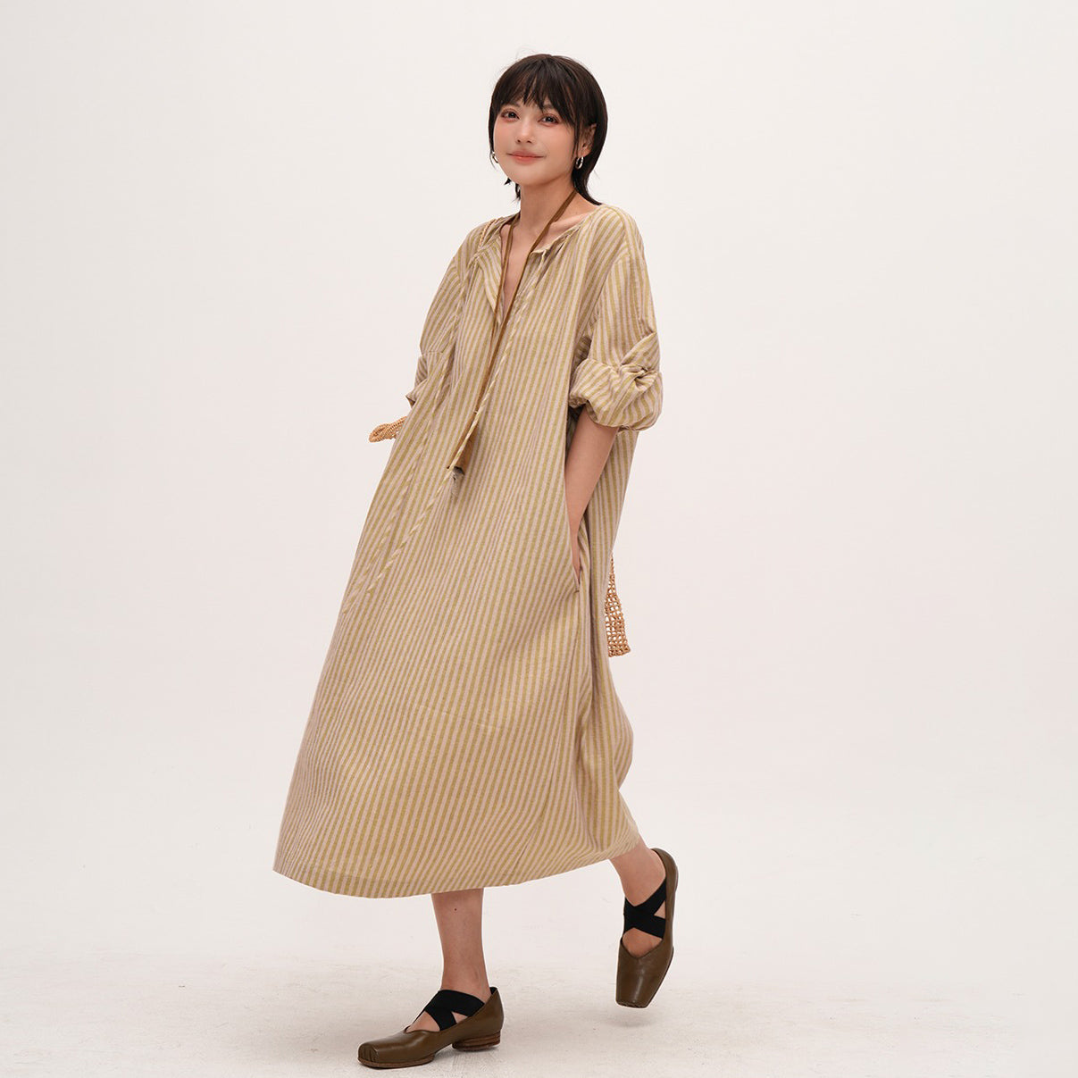 【ワンピース】夏新作 ナチュラルストライプ ゆったりワンピース 薄手七分袖ロングドレス 大きめサイズ カジュアル文芸風【JZシリーズ】【SHシリーズ】