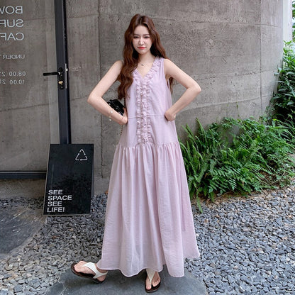 【ワンピース】フレンチ風ワンピース レディース ノースリーブ パープル フリル裾 ロング丈 マキシ丈 夏【JZシリーズ】