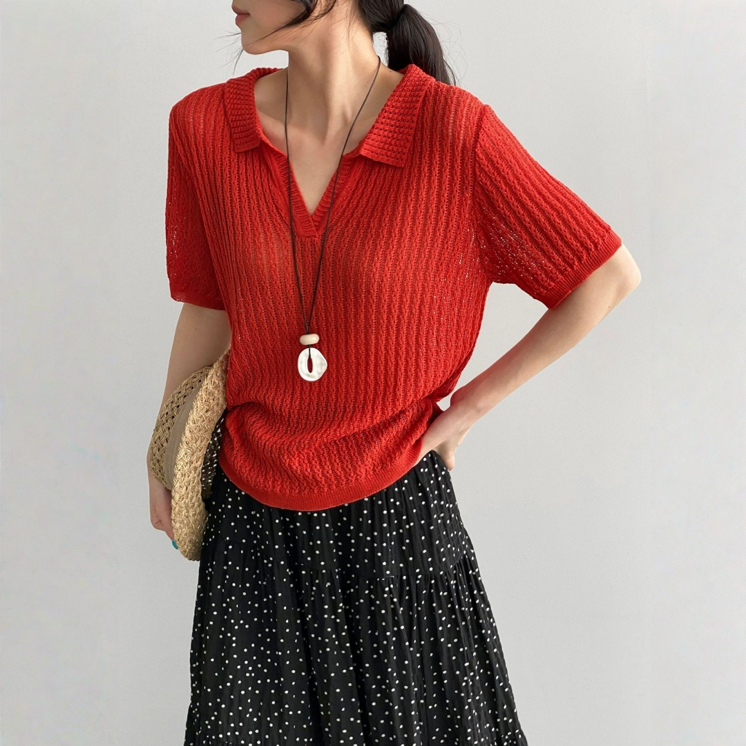 【トップス】襟付き 薄手 着回しやすい 接触冷感ニット Ｔシャツ 【JZシリーズ】