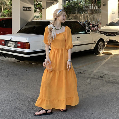 【ワンピース】韓国風 気質 美白効果 スタイルアップ 無地 半袖ワンピース 夏 スイートレディ風 リゾートコーデ