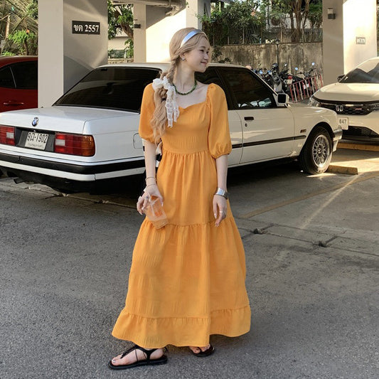 【ワンピース】韓国風 気質 美白効果 スタイルアップ 無地 半袖ワンピース 夏 スイートレディ風 リゾートコーデ