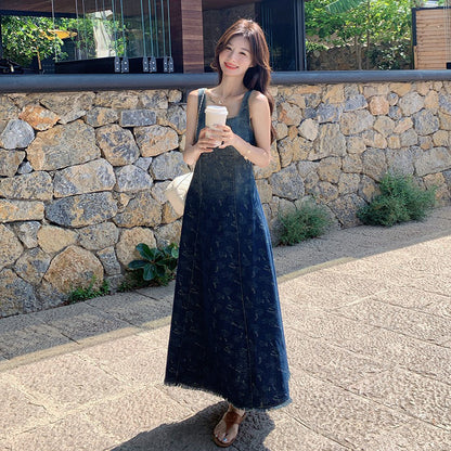 【ワンピース】デニム風プリント ノースリーブワンピース 体型カバー＆美シルエットが叶う大人可愛い一枚【SHシリーズ】