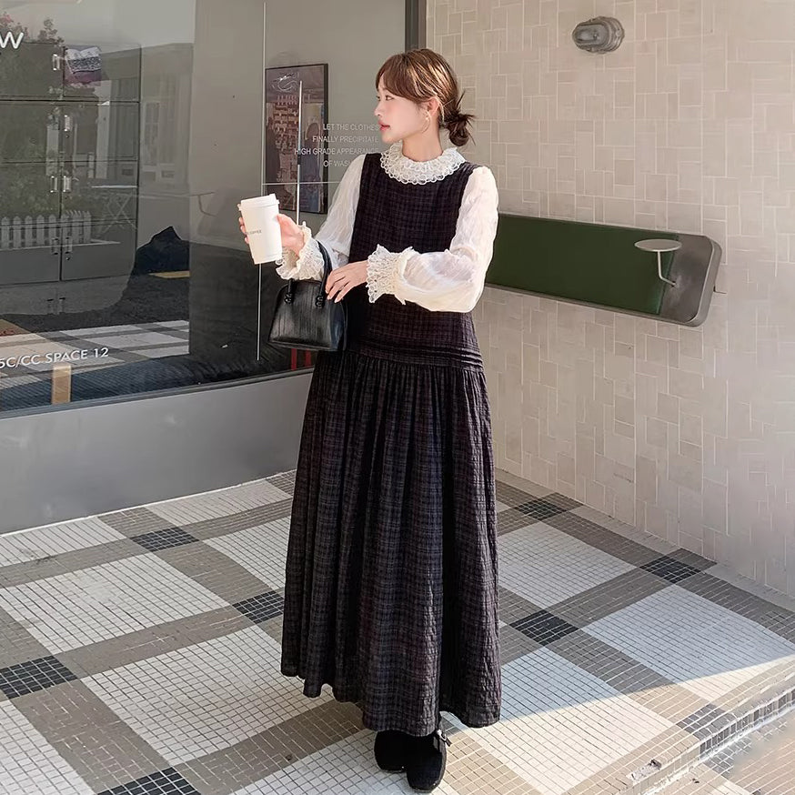 【セットアップ】ベストワンピース×レース切替シャツ セットアップ 韓国シック 上品【JZシリーズ】