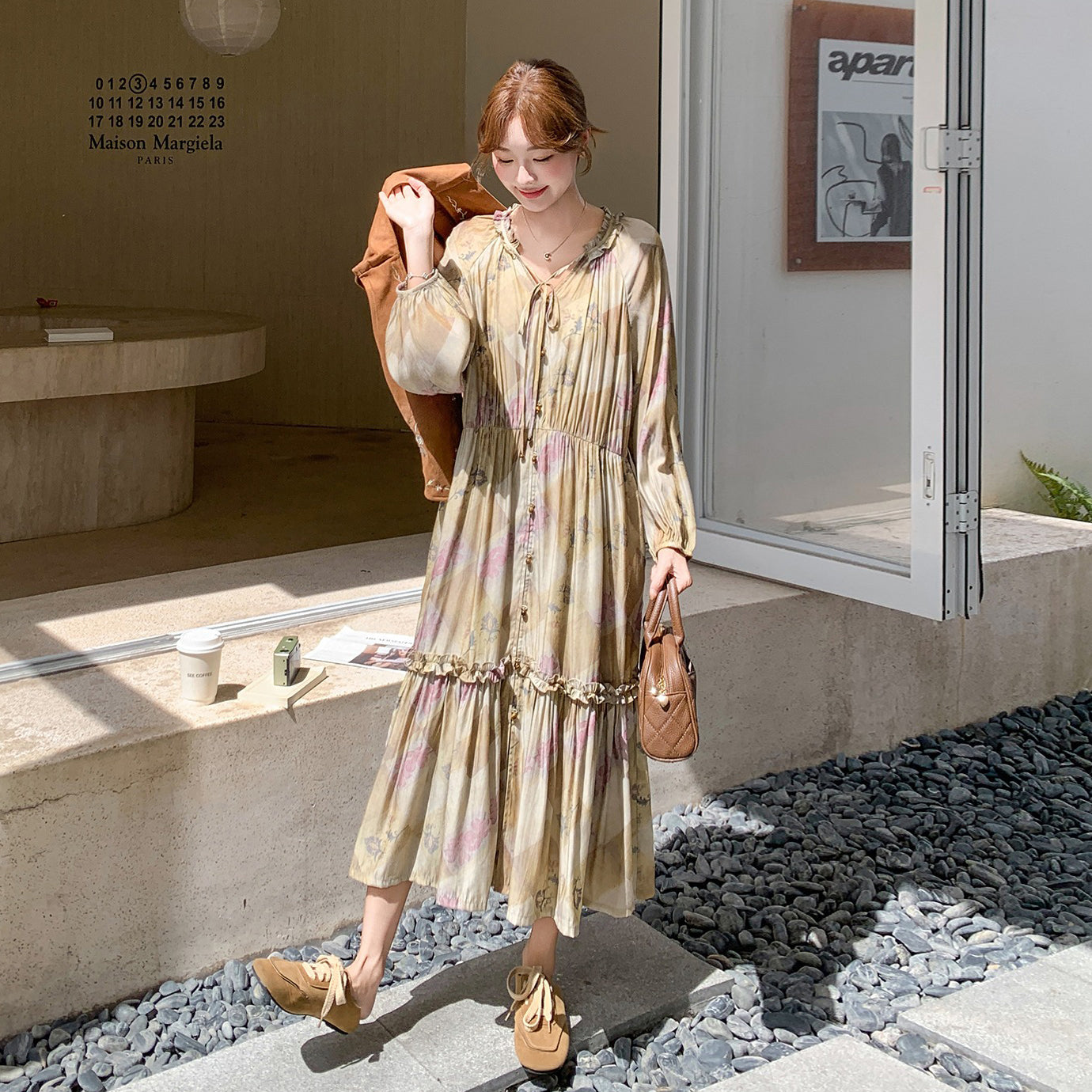 【セットアップ】ボヘミアン風 レイヤード 花柄刺繍レース ベスト＋レトロ 長袖ワンピース レディース 秋新作【SHシリーズ】