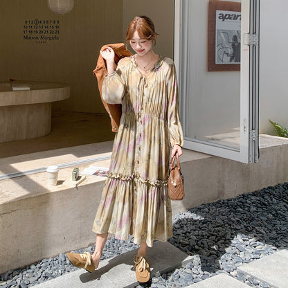 【セットアップ】ボヘミアン風 レイヤード 花柄刺繍レース ベスト＋レトロ 長袖ワンピース レディース 秋新作【SHシリーズ】