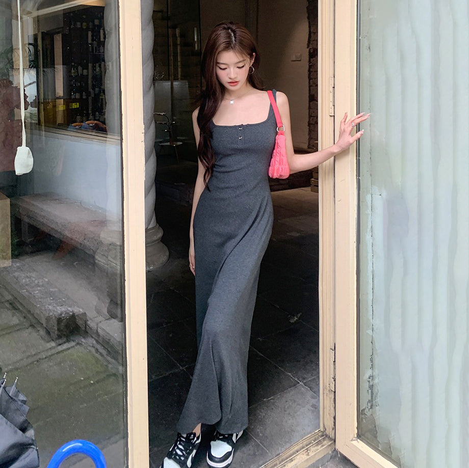 【ワンピース】ボタンデザイン キャミワンピース 夏新作 上品 ノースリーブ ロング丈 高見えワンピース【JZシリーズ】