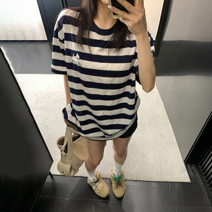 【トップス】ストライプ Tシャツ レディース 夏 半袖 カートゥーン ゆったり オーバーサイズ クルーネック 人気 リラックスコーデ【FCシリーズ】